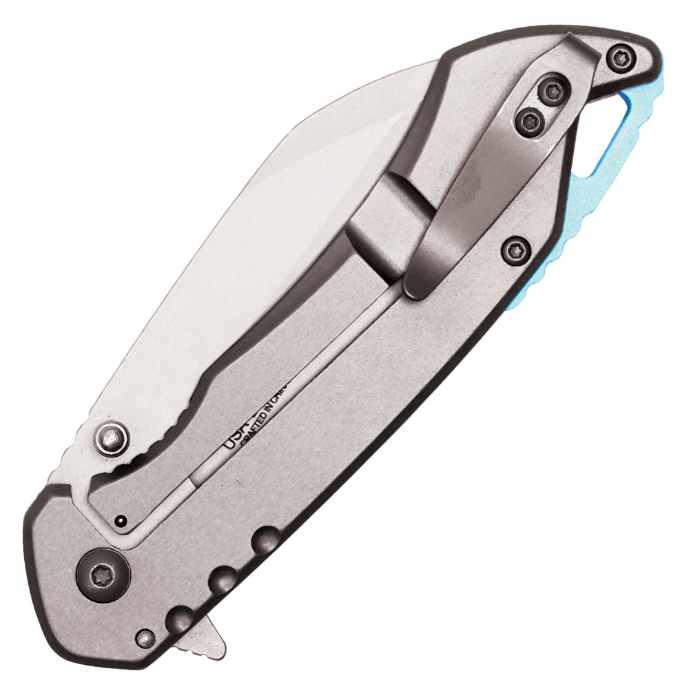 Assisted Open Folding Pocket Knife, Grey Handle w/ Blue Accents view 4